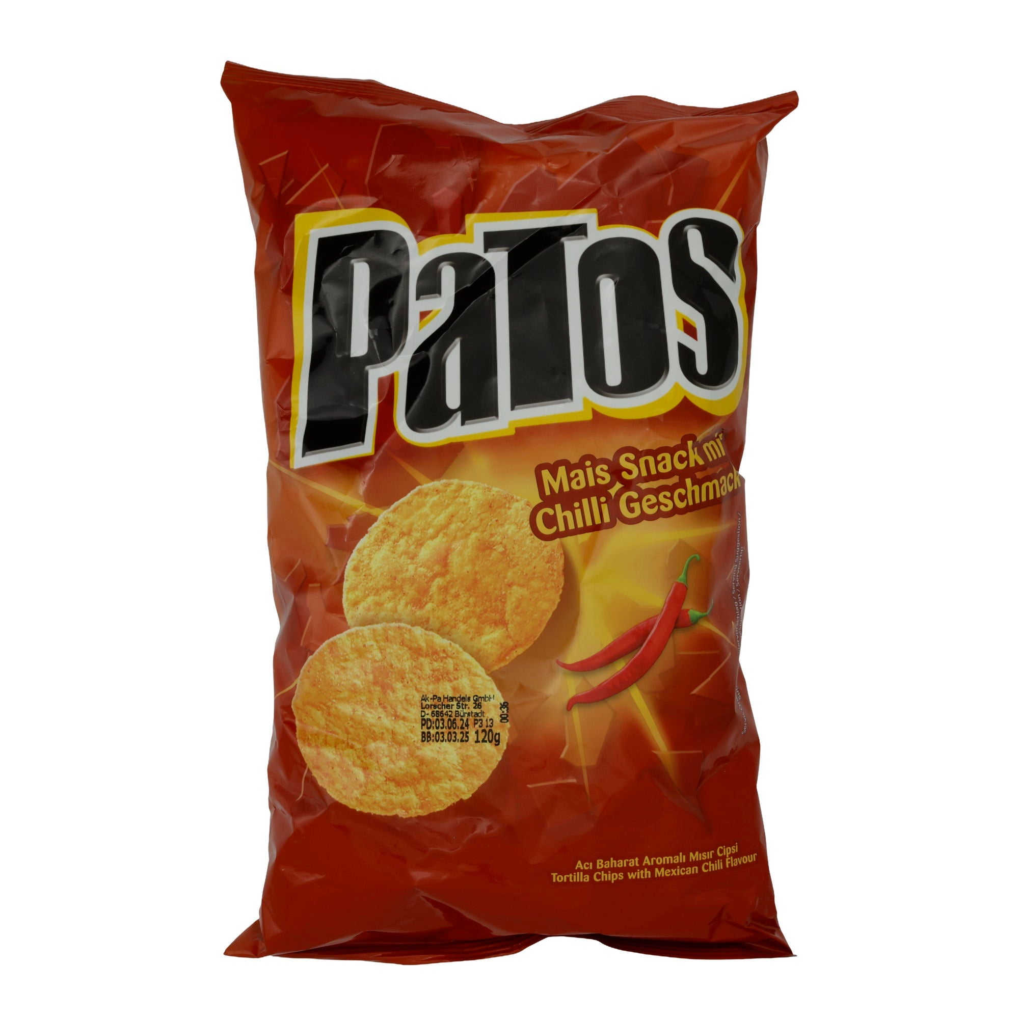 Mais Snack Patos | Chilli-Geschmack | Knusprige Tortilla-Chips für scharfe Genüsse | 120 g PATOS